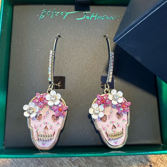 Betsey Johnson Pink and Gold Floral Skull Earrings - Picture 1 of 5